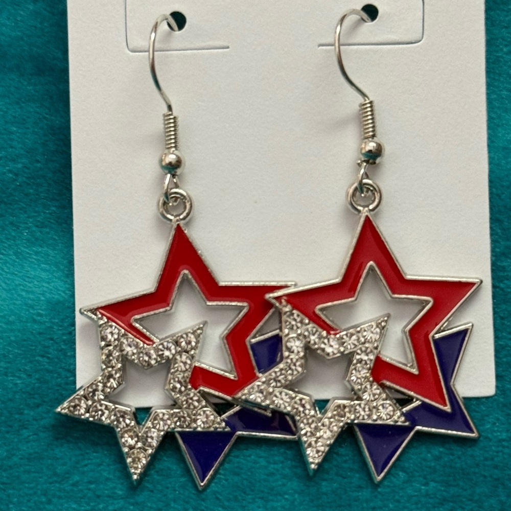 Red, Blue & Silver Star Rhinestone Dangle Earrings NEW